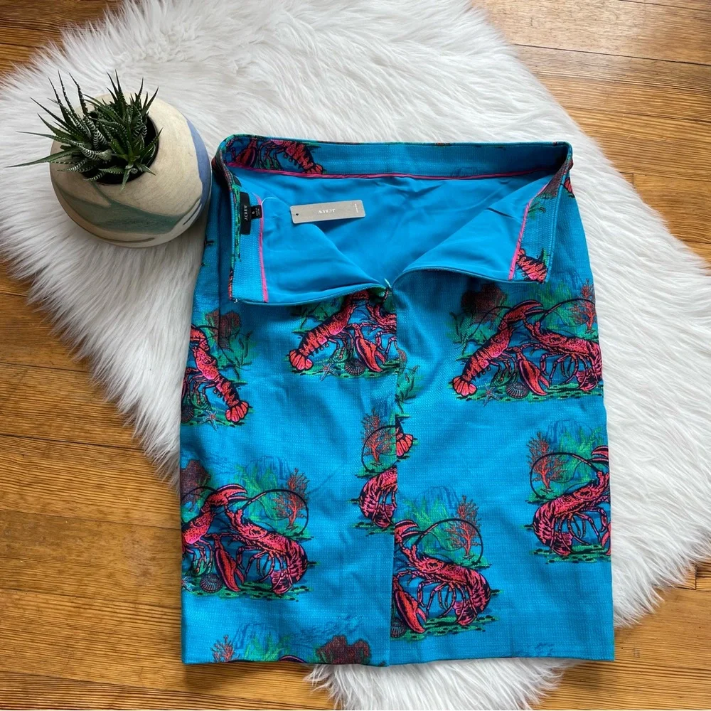 J. Crew Turquoise Blue Pencil Skirt with Coral Lobster Print